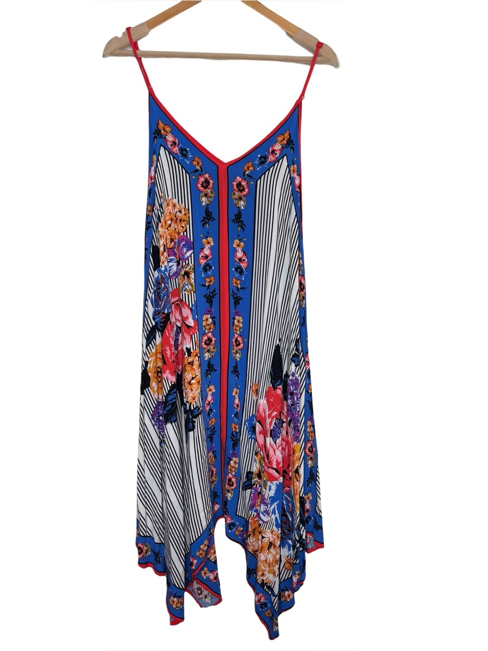 Flying Tomato dress multicolor floral stripe hanky hem draped midi size medium